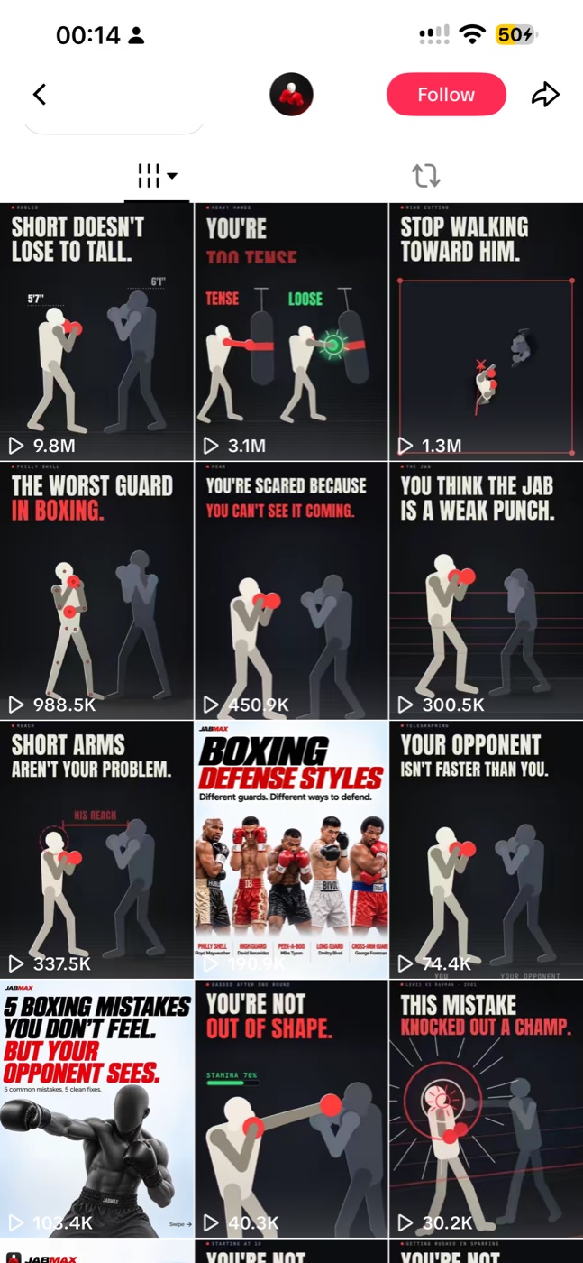 Profil TikTok : vidéos de boxe en motion design 2D, jusqu'à 9,8M de vues
