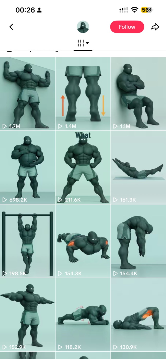 Profil TikTok : personnage 3D fitness, jusqu'à 1,7M de vues